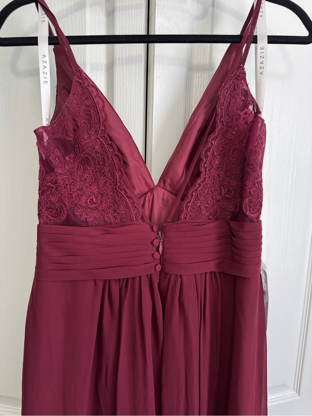 Azazie Maren Allure Burgundy V-neck Chiffon Dress with lace detailed back